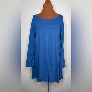 Eileen Fisher Organic Cotton Vibrant Blue Tunic Top Raw Edge Hem Size Medium